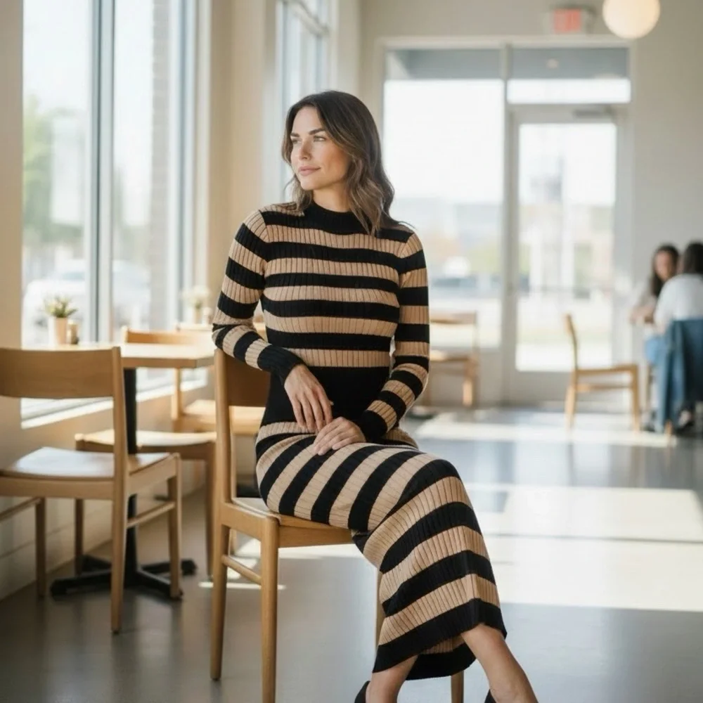 New York & Co.- Gabrielle Union collection - Elegant Striped Long Sleeve Dress - Picture 3 of 15